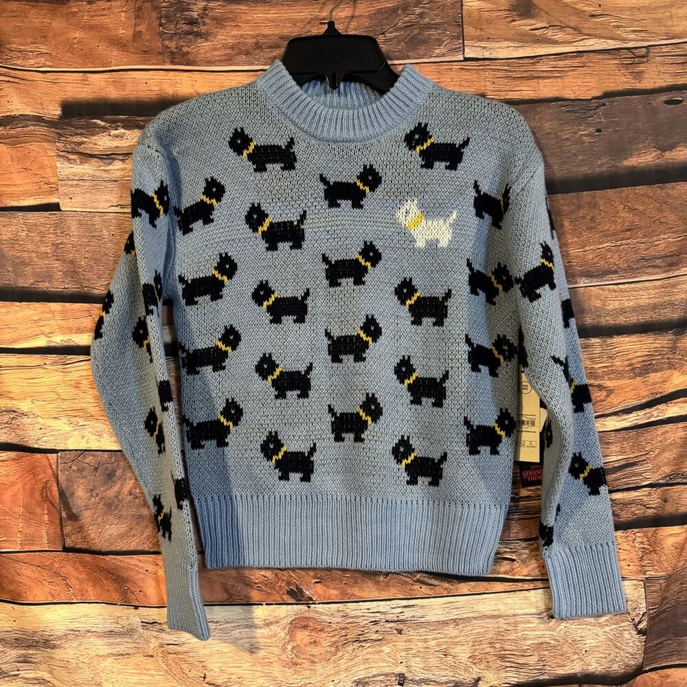 No Boundaries Netflix Stranger Things Scottie Dog Sweater Women's XXS (00) Blue